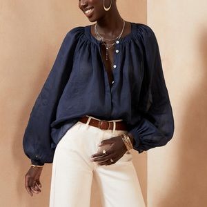 Banana Republic Women's Blue Ramie Balloon-sleeve Blouse